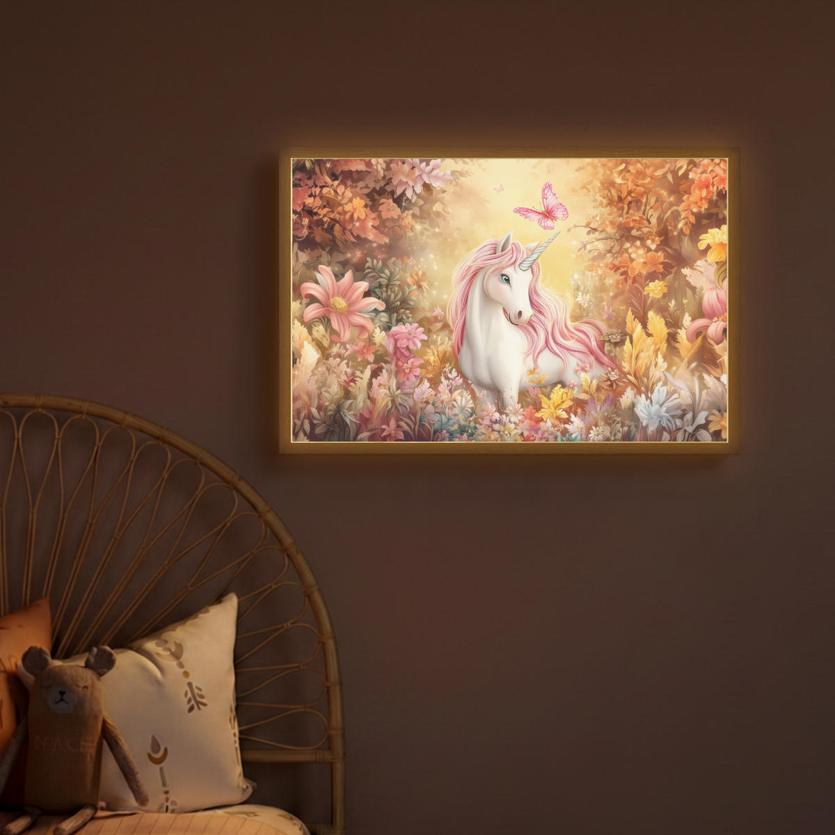 DOBÍJECÍ NOČNÍ LAMPIČKA Jednorožec - Květiny - Motýl - Růžová 60x40 cm - béžová, kompozitní dřevo (8/60/40cm) - OnlyWow