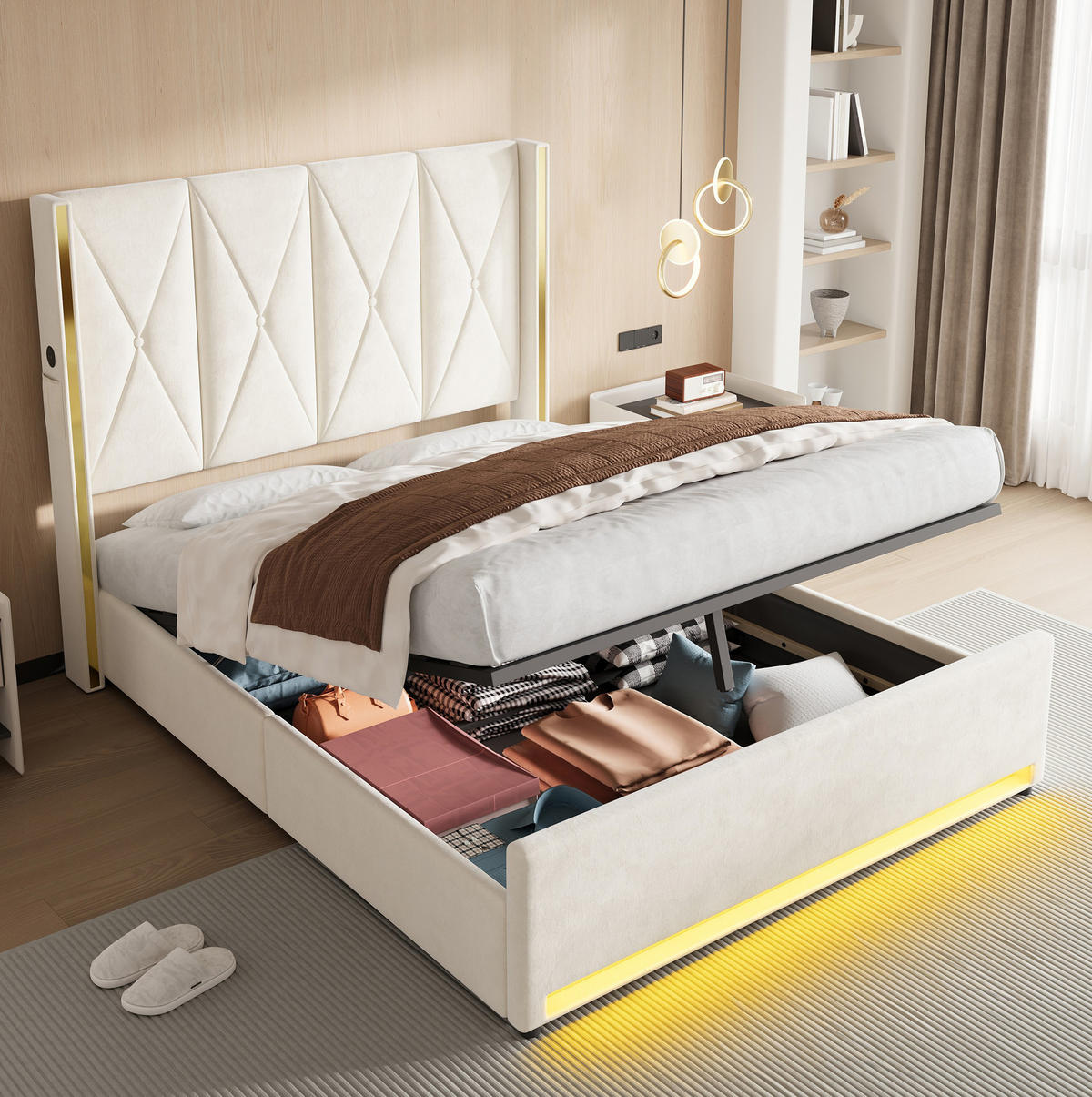 POLSTERBETT 160/200 cm mit USB, Type-C, LED und Bettkasten, Beige - Beige, Textil (160/200cm) - Redom