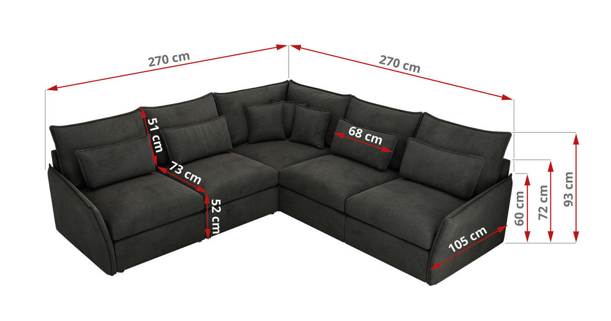 ECKSOFA VERSO L Dunkelgrau Velvet - Dunkelgrau/Schwarz, Kunststoff/Textil (270/270cm) - MKS