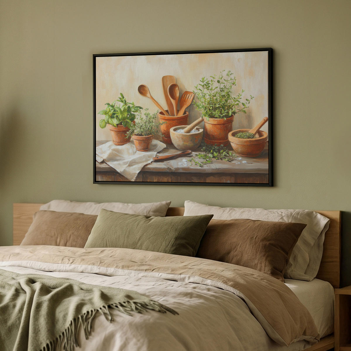 LEINWAND Bilder mit Rahmen - Töpfe - Kräuter - Holz - 80x60 - Terracotta, Textil (80/60cm) - MuchoWow