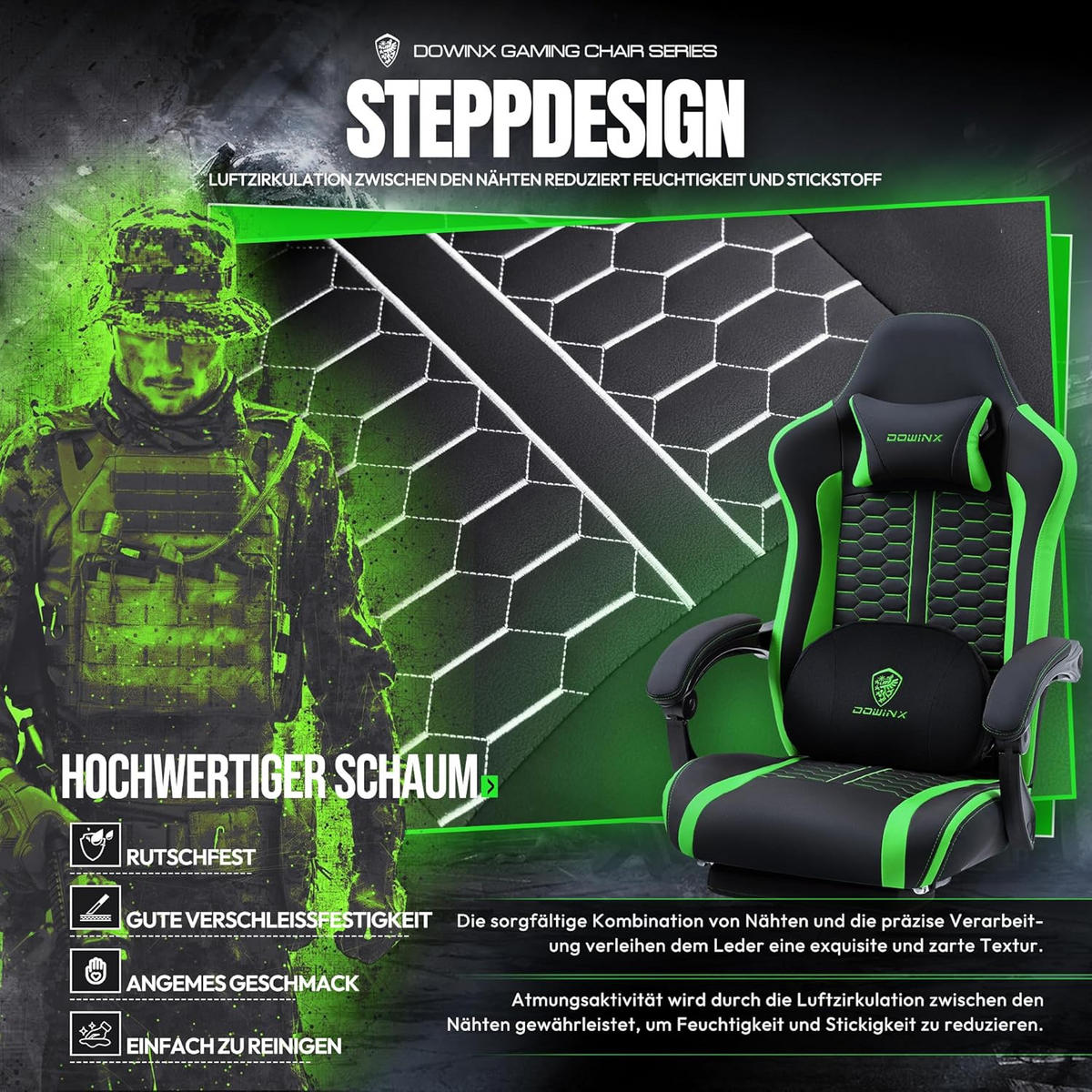 GAMINGSTUHL & Beheizter Massage Lendenwirbelstütze Fußstütze - Grün, Leder (69/128/69cm)