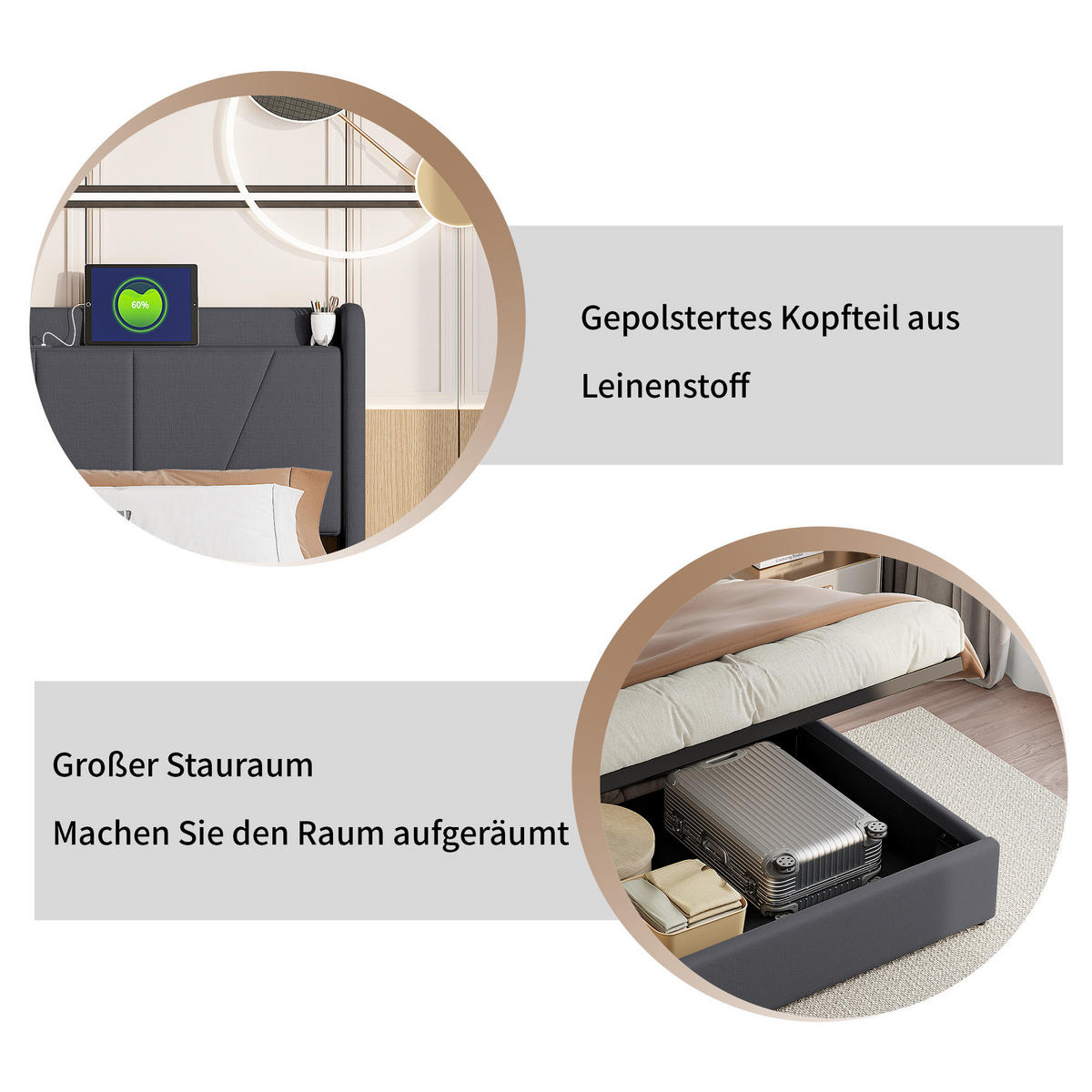 POLSTERBETT 140x200 cm mit hydraulischem Stauraum, 2 USB & 1 Typ-C Anschluss, Leinenstoff in Grau - Grau, Holz (140/200cm) - BRILVERDE