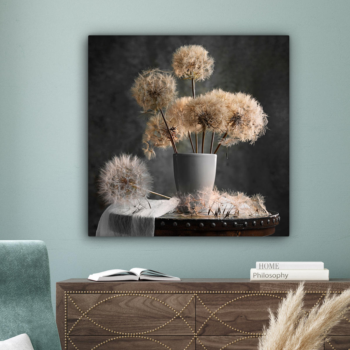 LEINWANDBILD Blumensamen - Löwenzahn - Vase - Stilleben - Blumenstrauß Deko Groß 90x90 cm - Dunkelgrau, Textil (90/90cm) - MuchoWow