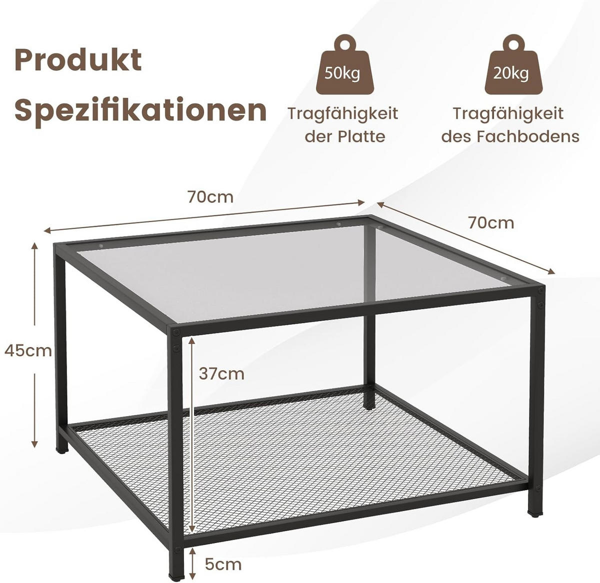 COUCHTISCH Glas Grau - Grau, Glas (70/70/45cm) - COSTWAY