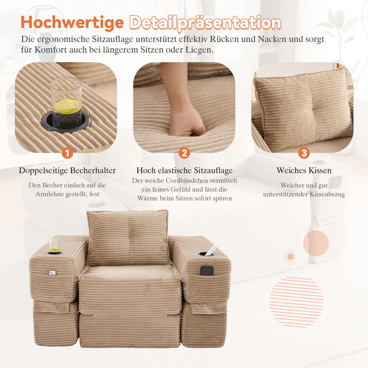 SCHLAFSOFA mit Klappfunktion, Seitentasche und Getränkehalter aus Cord - Taupe, Textil (122/80/98cm) - EVRYAE
