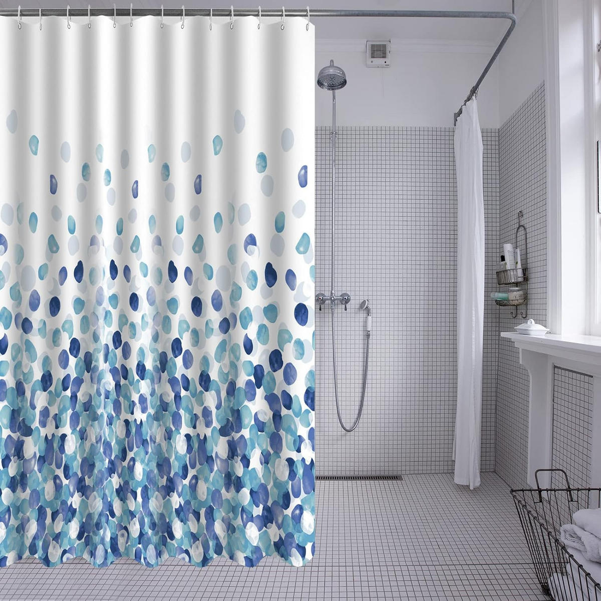 DUSCHVORHANG Polyester maschinenwaschbar mit beschwerter Saum und Haken Muster Blasen Blau 150 x 180 cm - Blau, Textil (150/180cm) - MCBOSON