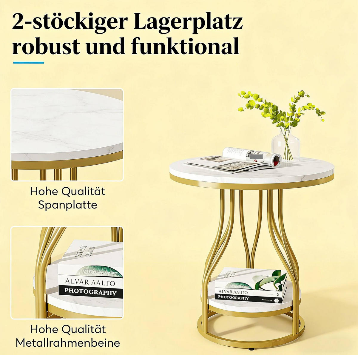 BEISTELLTISCH 2-stöckig rund 50 x 50 x 60 cm Weiß/Gold - Weiß, Metall (50/50/60cm) - Meubliv