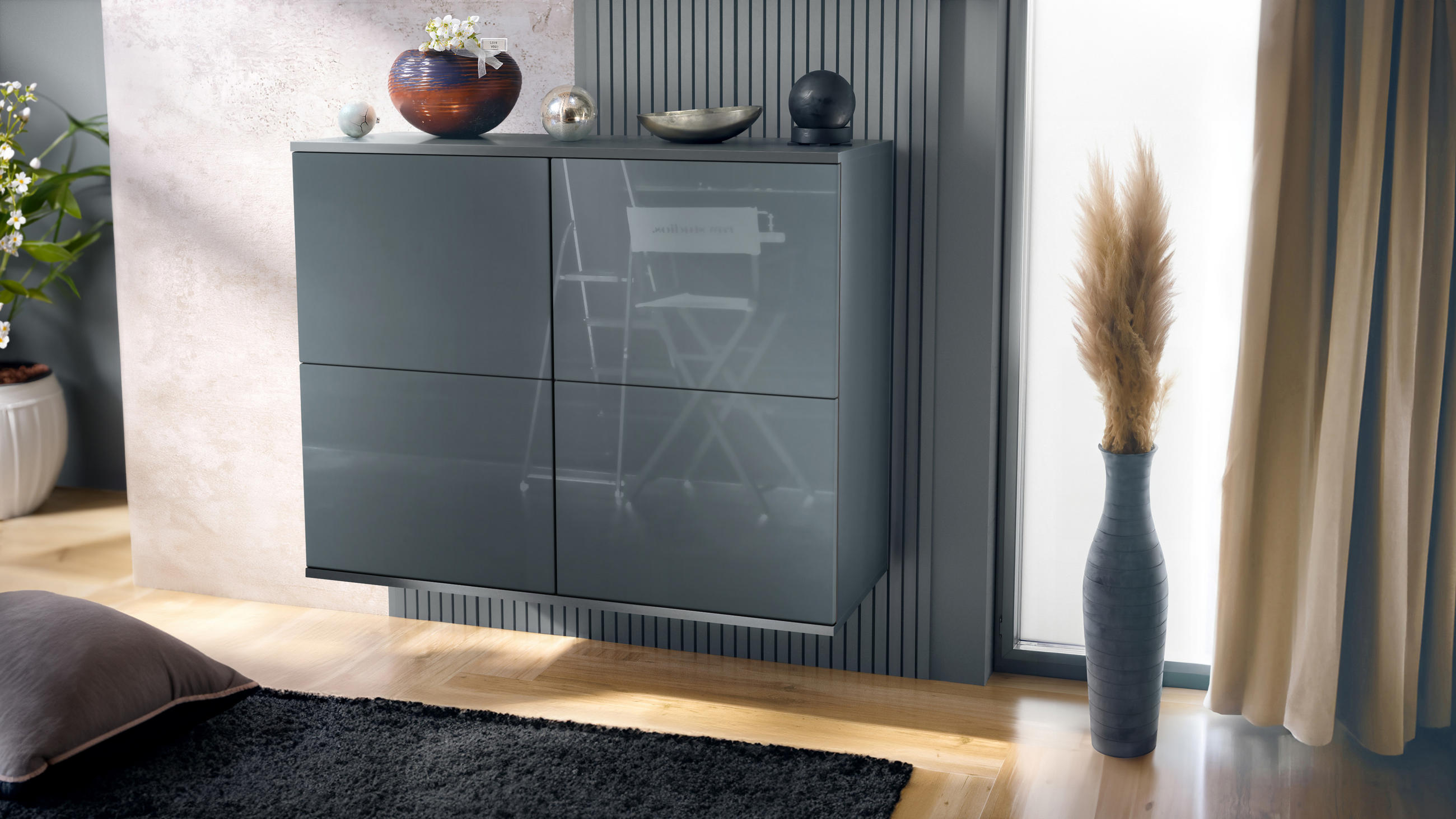 KOMMODE Rova Grau Hochglanz - Grau, Holzwerkstoff (92.5/73.5/35cm) - Vladon