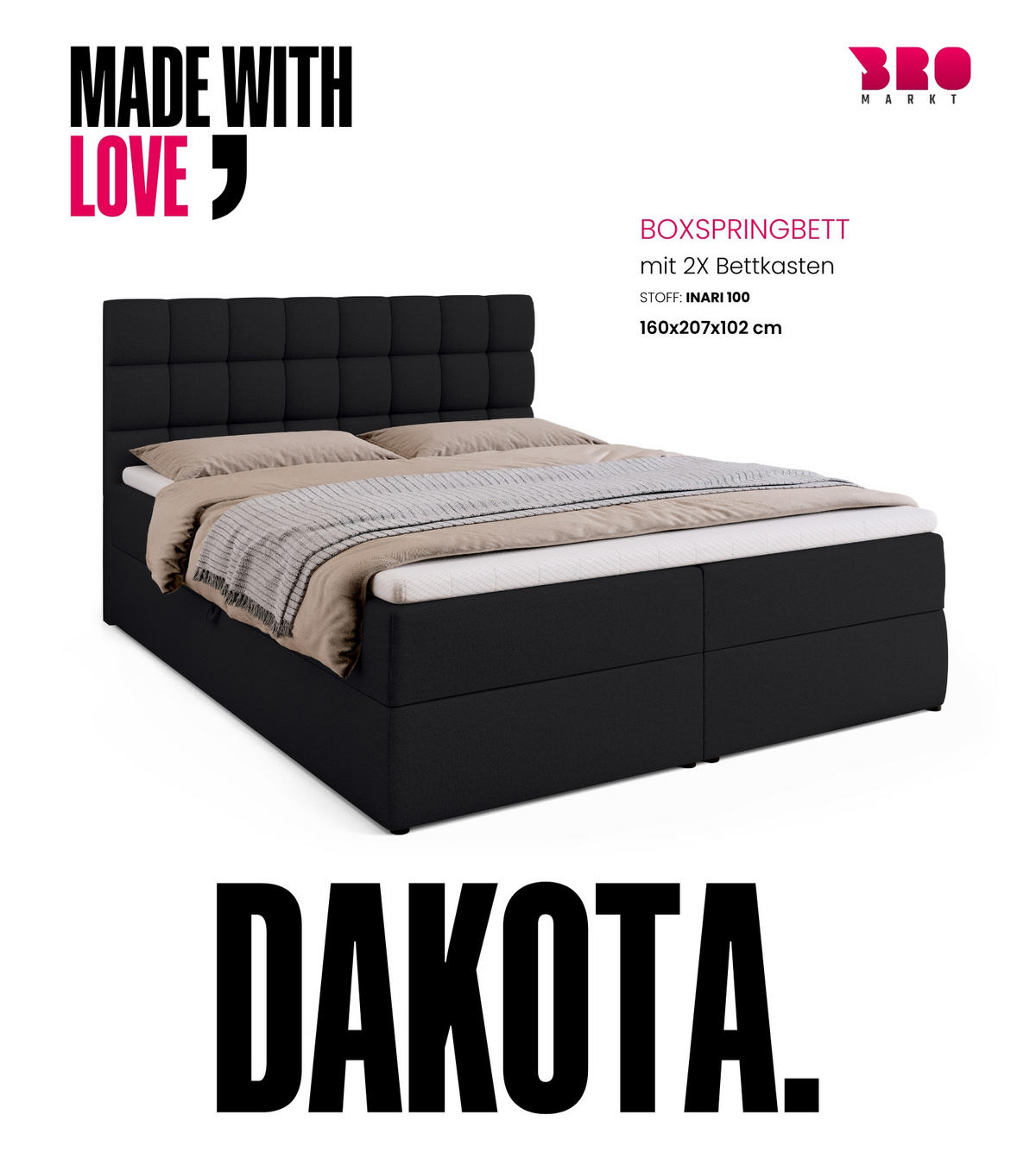 BOXBETT Dakota mit Topper 160/200 Schwarz - Schwarz, Textil (160/200cm) - Bromarkt