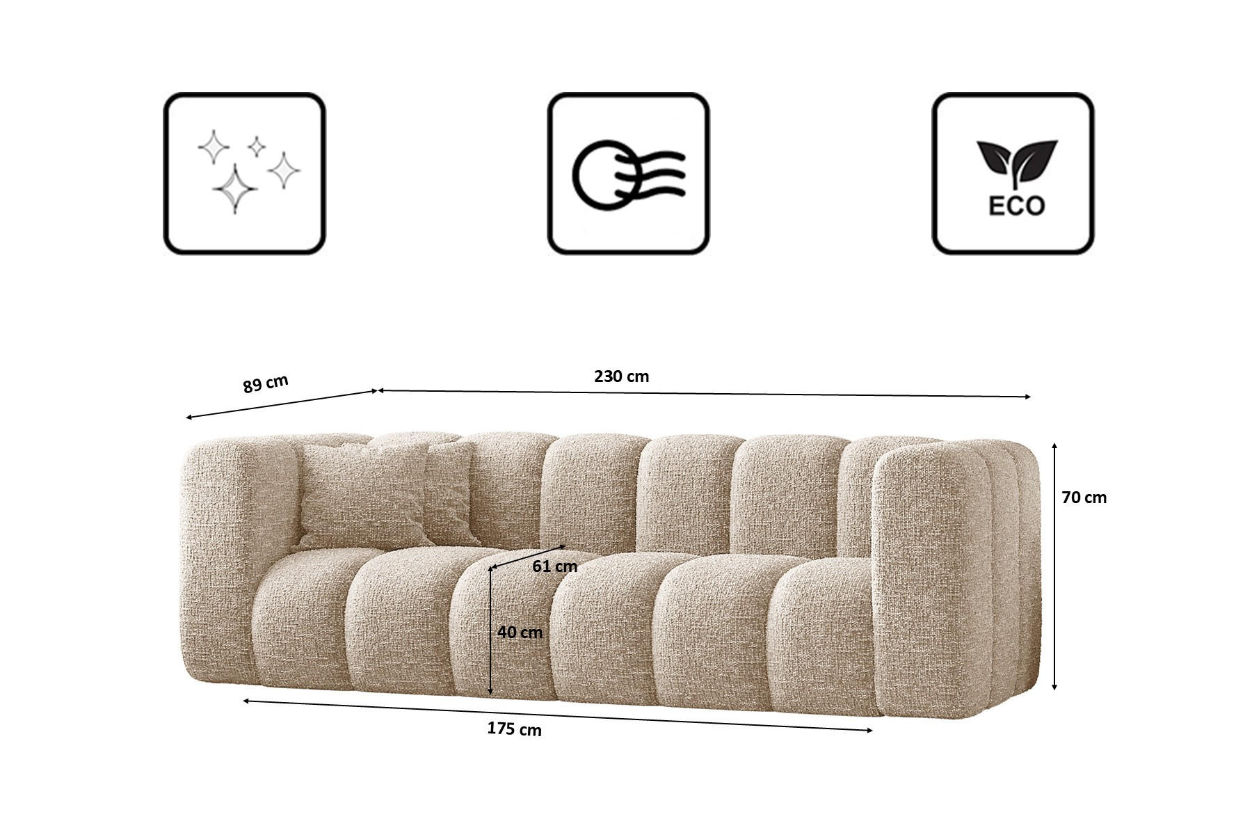 Thumbnail - Kaiser Möbel Couch, Ecru, Holz, 3-Sitzer, Rechteckig, 230x70x91 cm, Reach, Wohnzimmer, Sofas & Couches, Sofas, 3-Sitzer ...