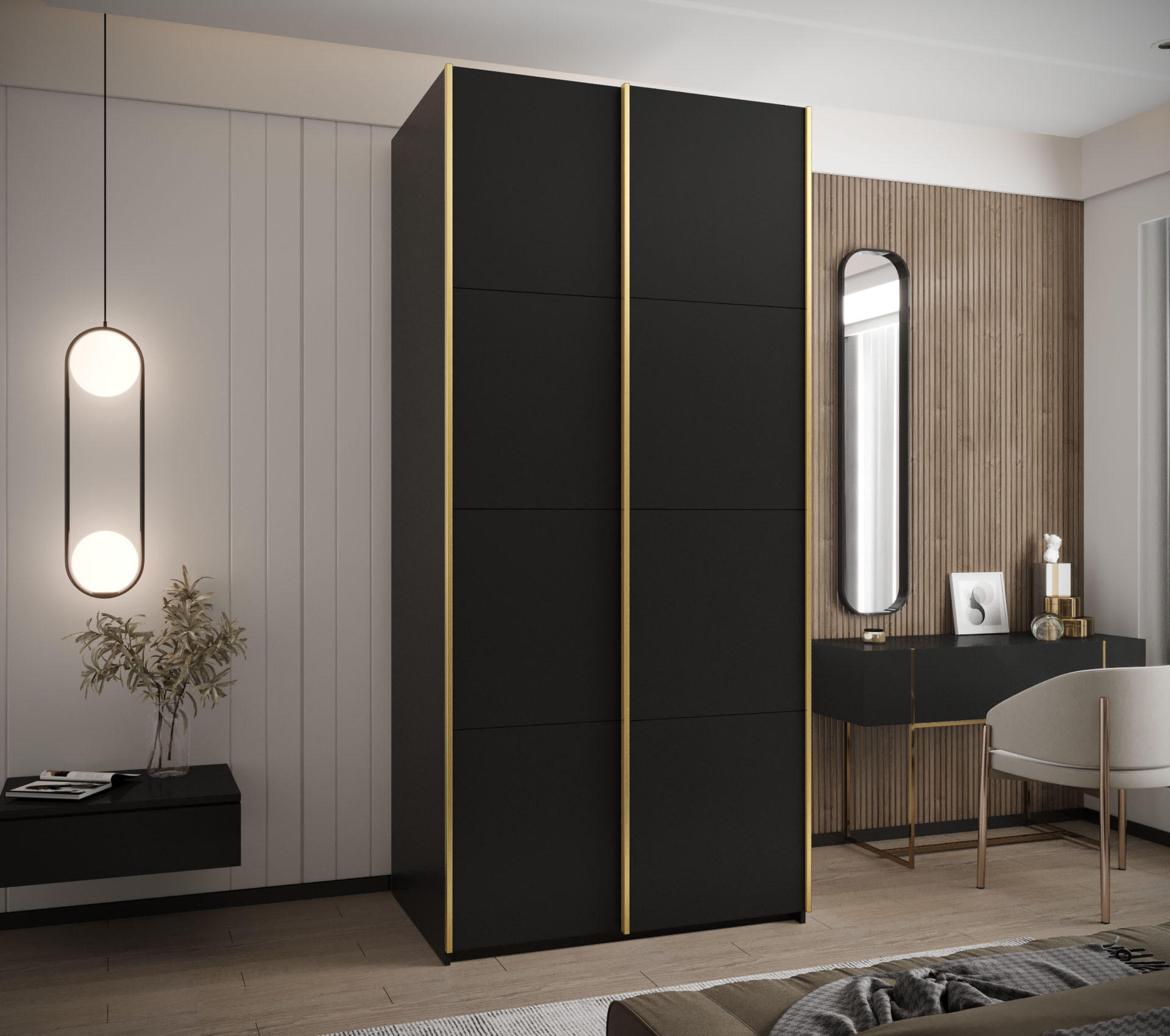 SCHWEBETÜRENSCHRANK 245,5/120/64 2-türig - Goldfarben/Schwarz, Holz/Metall (120/245/64cm) - Abiks Möbel
