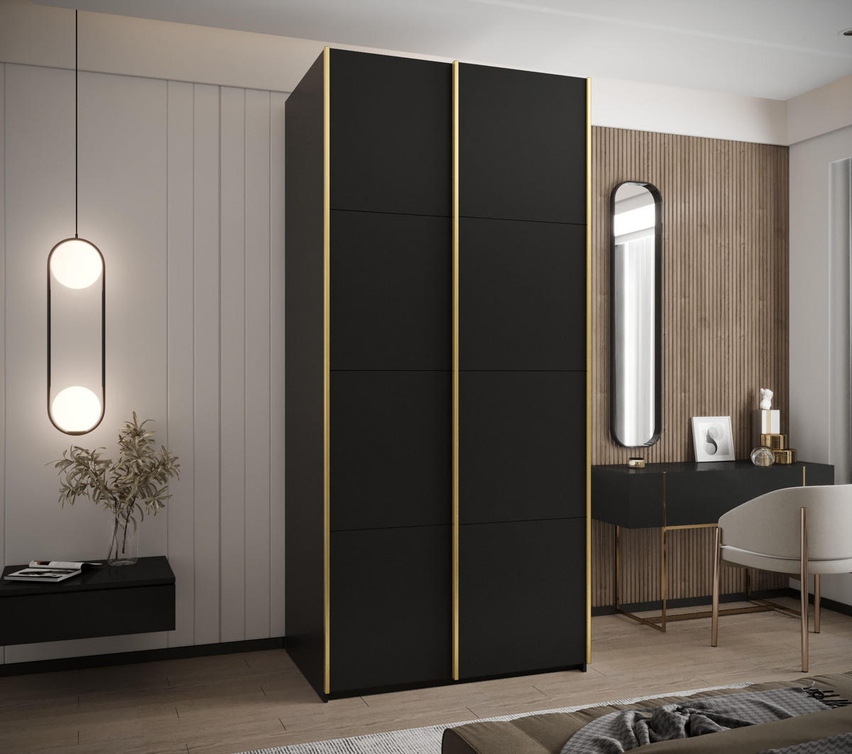 SCHWEBETÜRENSCHRANK 245,5/100/64 2-türig - Goldfarben/Schwarz, Holz/Metall (100/245/64cm) - Abiks Möbel