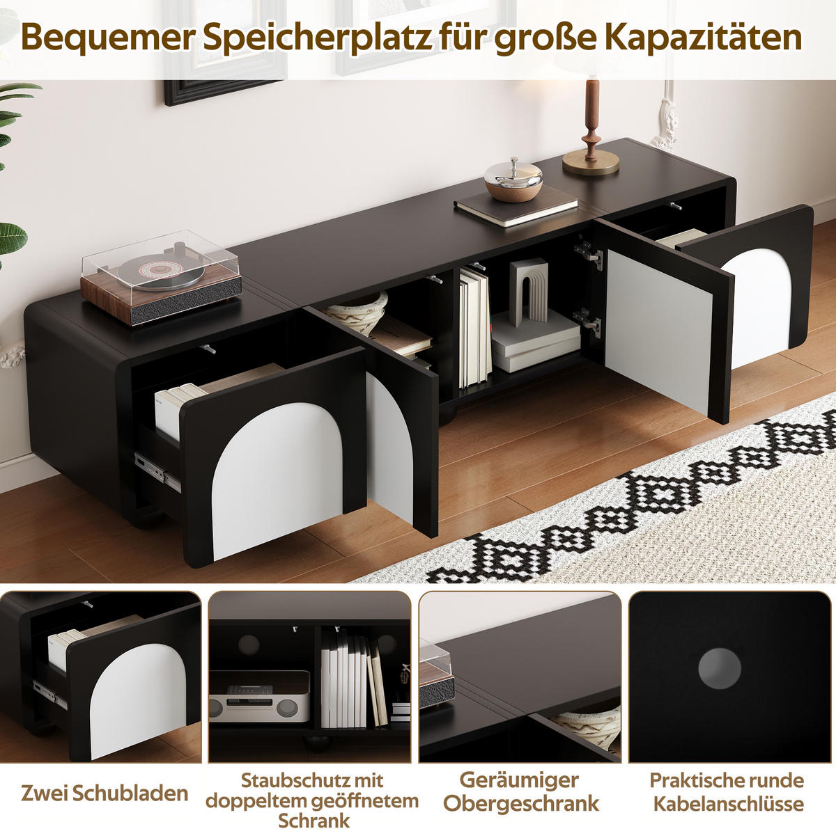 LOWBOARD 180/38/45 cm aus MDF und Holzwerkstoff mit Kabelmanagement Schwarz/Weiß - Schwarz, Holzwerkstoff (180/45/38cm) - Modenvie