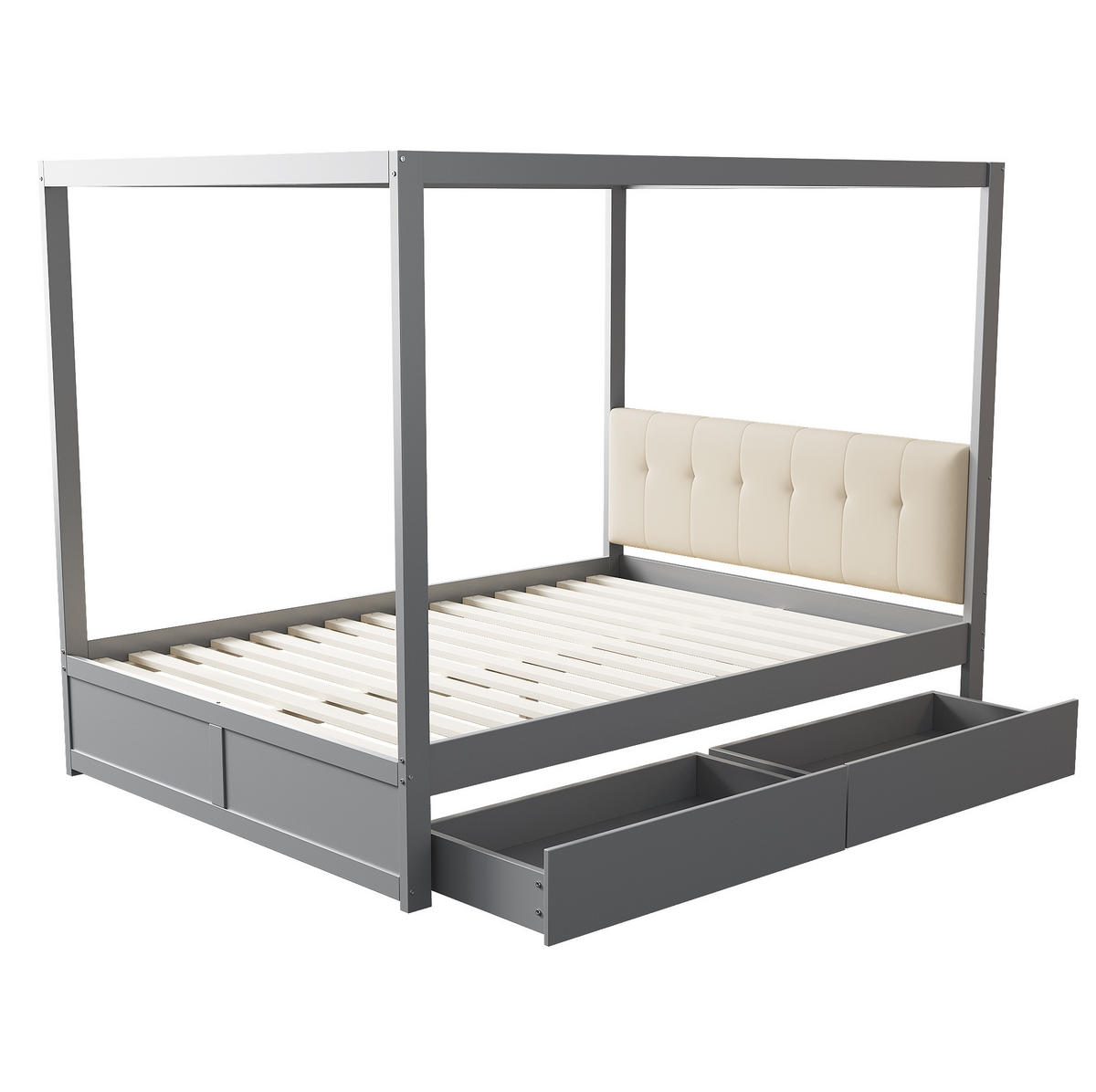 HIMMELBETT aus Holz 140x200 cm Weiß/Grau mit gepolsterter Rückenlehne und 2 Schubladen - Grau, Holzwerkstoff (140/200cm) - Modfu