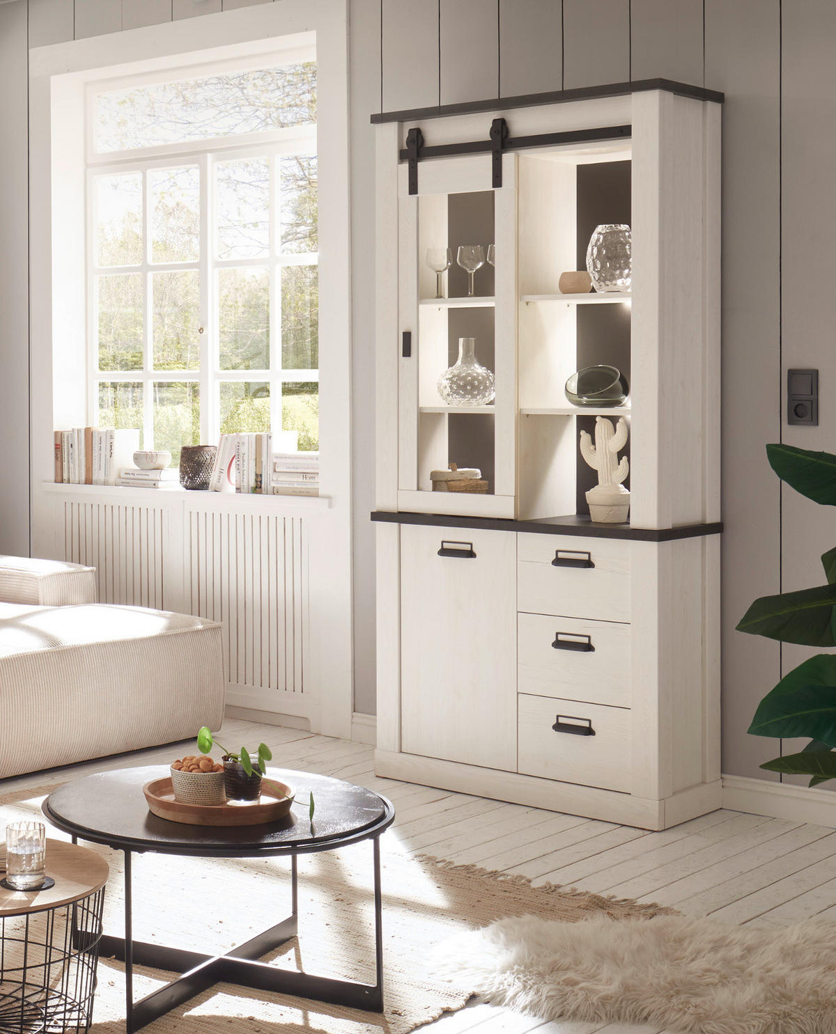 VITRINE weiß Pinie, anthrazit, Landhaus, Vitrinenschrank 93 x 201 cm - Anthrazit/Weiß, Holzwerkstoff/Metall (93/201/38cm) - Furn.Design