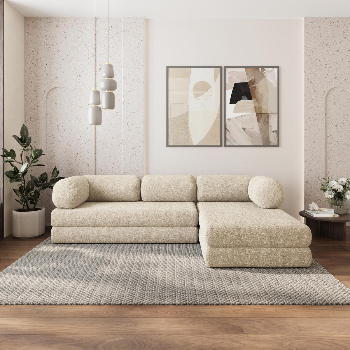 ROHOVÁ SEDAČKA KELI modulární Boneless pohovka s funkcí spaní, krémová QUELLE 02 - krémová, textil (270/160cm) - MASSENO