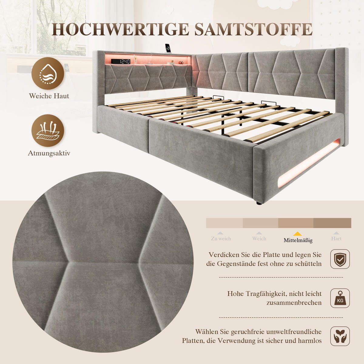 BOXBETT 140/200cm, LED/USB-C, Bettkasten, Lattenrost, Dunkelgrau - Dunkelgrau, Holz/Metall (140/200cm) - LVHOM