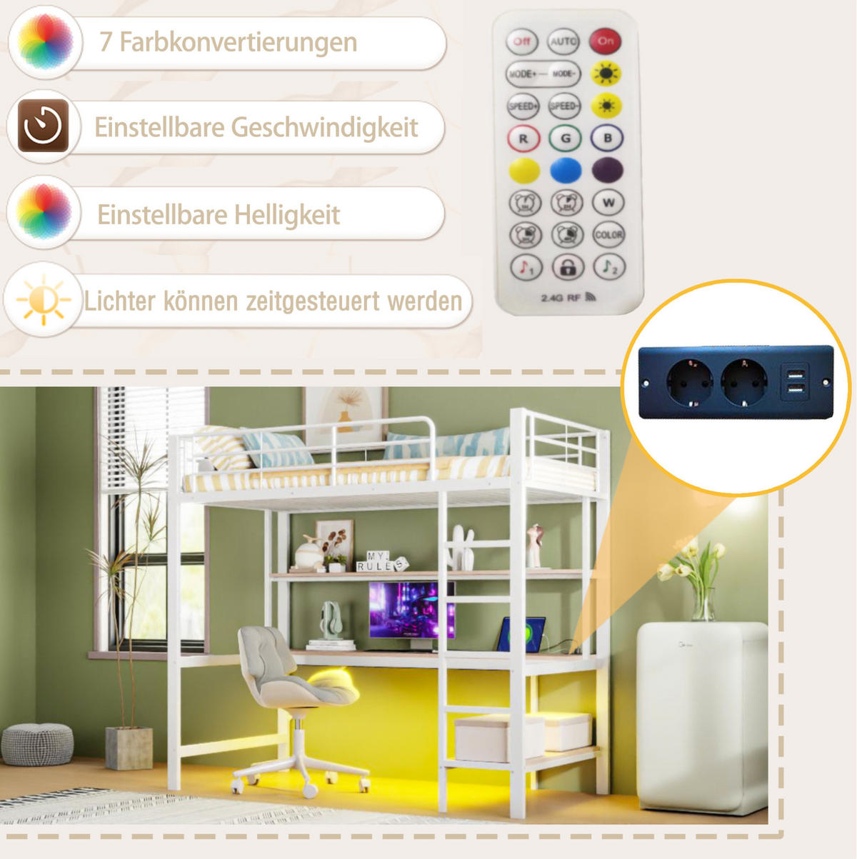 HOCHBETT 90/200 cm in Weiß mit Schreibtisch, Regal und Rausfallschutz - Weiß, Metall (90/200cm) - BEAOK