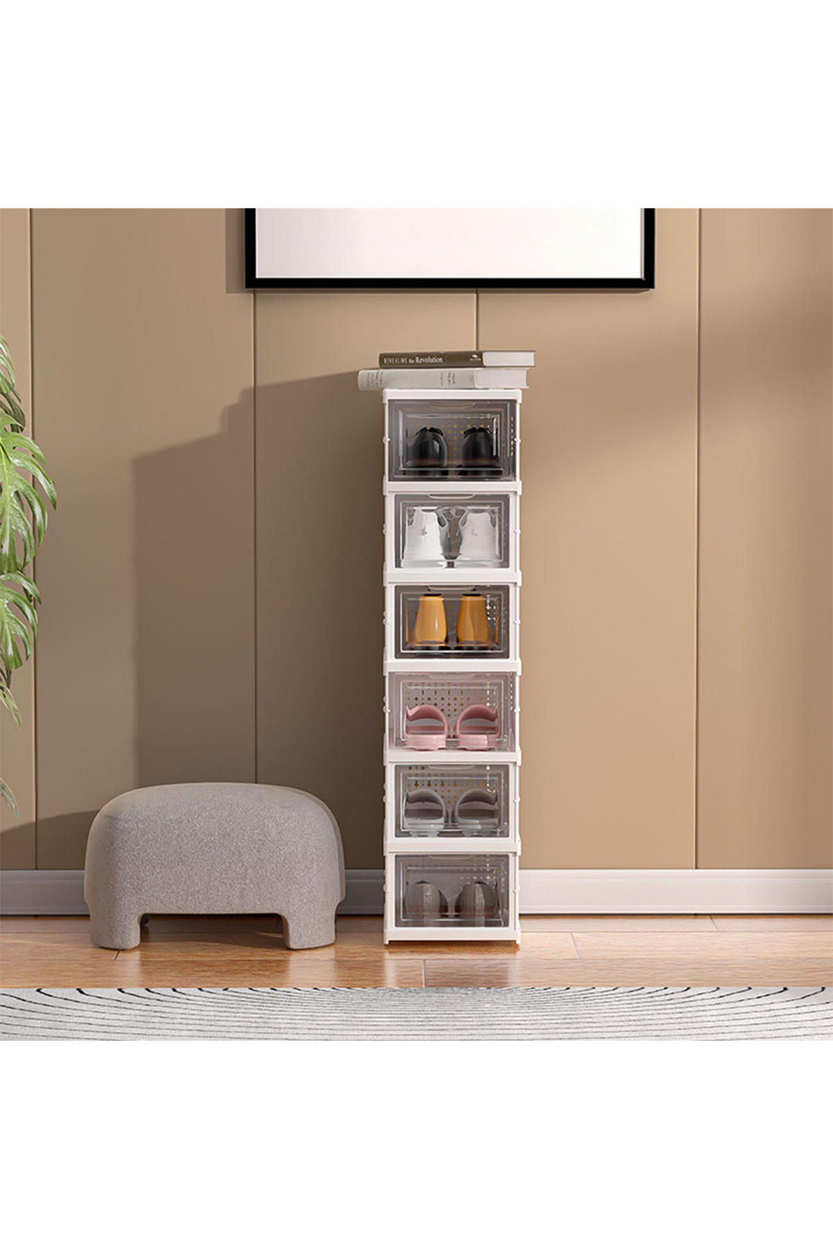 SCHUHBOXEN SCHUHSCHRANK 6-Stufig aus PP PS Kunststoff in Weiß Klappbar Gute Belüftung Einfache Montage 25,7 x 34,7 x 105 cm - Weiß, Kunststoff (25.7/105/34.7cm) - Livingandhome