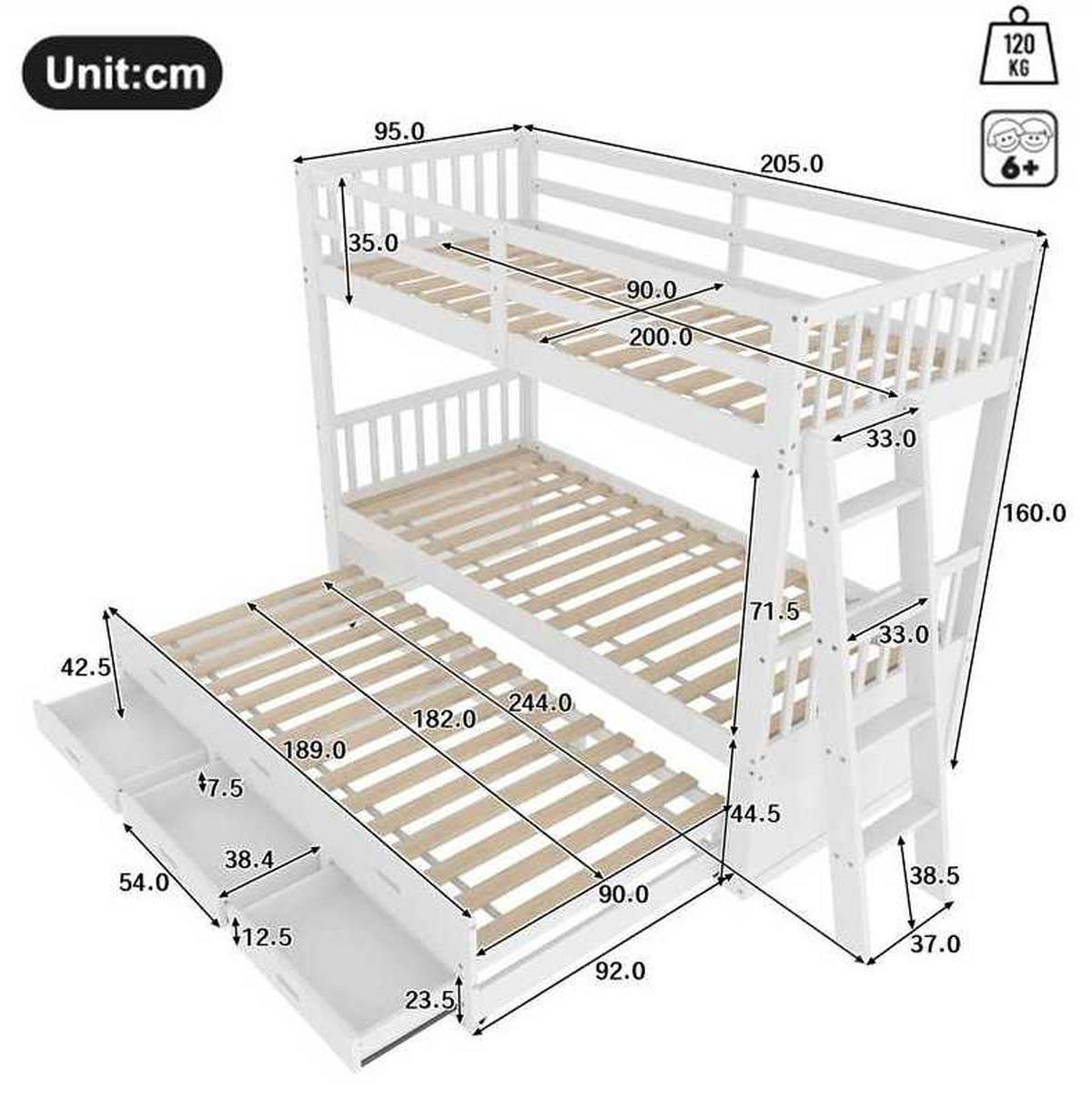 ETAGENBETT 90/200 cm Weiß Kiefernholz mit 3 Schubladen für Kinder - Weiß, Holz (90/200cm) - OKWISH