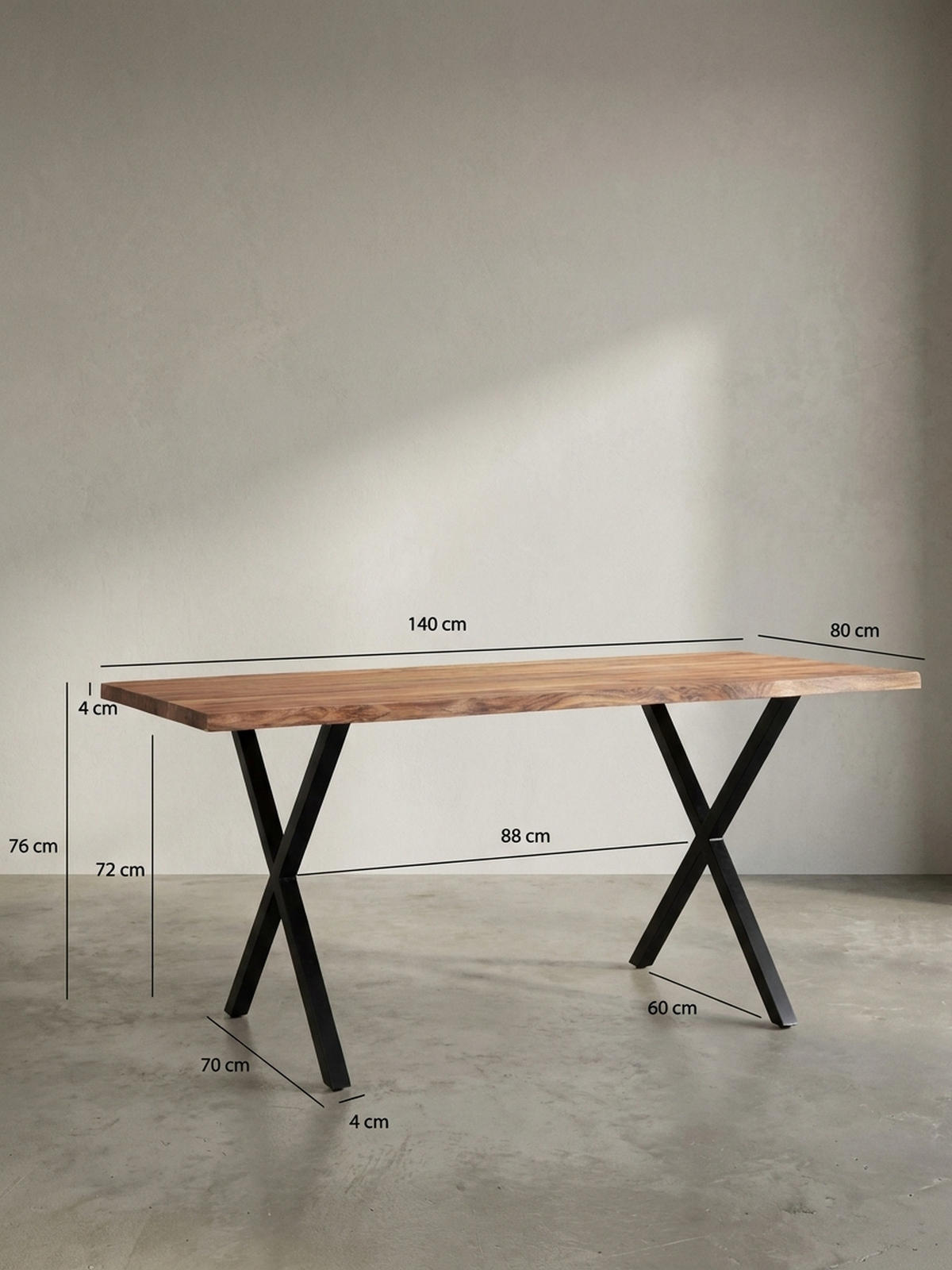 SCHREIBTISCH Massivholz X-Gestell Baumkante Handgefertigt KRETA, Goldbraun-Schwarz 140x80x76 cm - Schwarz/Braun, Holz/Metall (80/140/76cm) - KADIMA DESIGN