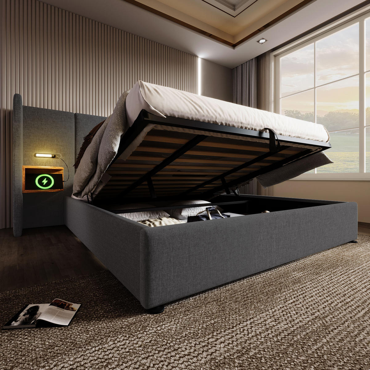 POLSTERBETT 180/200 cm mit hydraulischem Bettkasten, Kopfteil-Regal, LED-Leselampe & USB/Type-C, Grau - Grau, Textil (180/200cm) - Redom