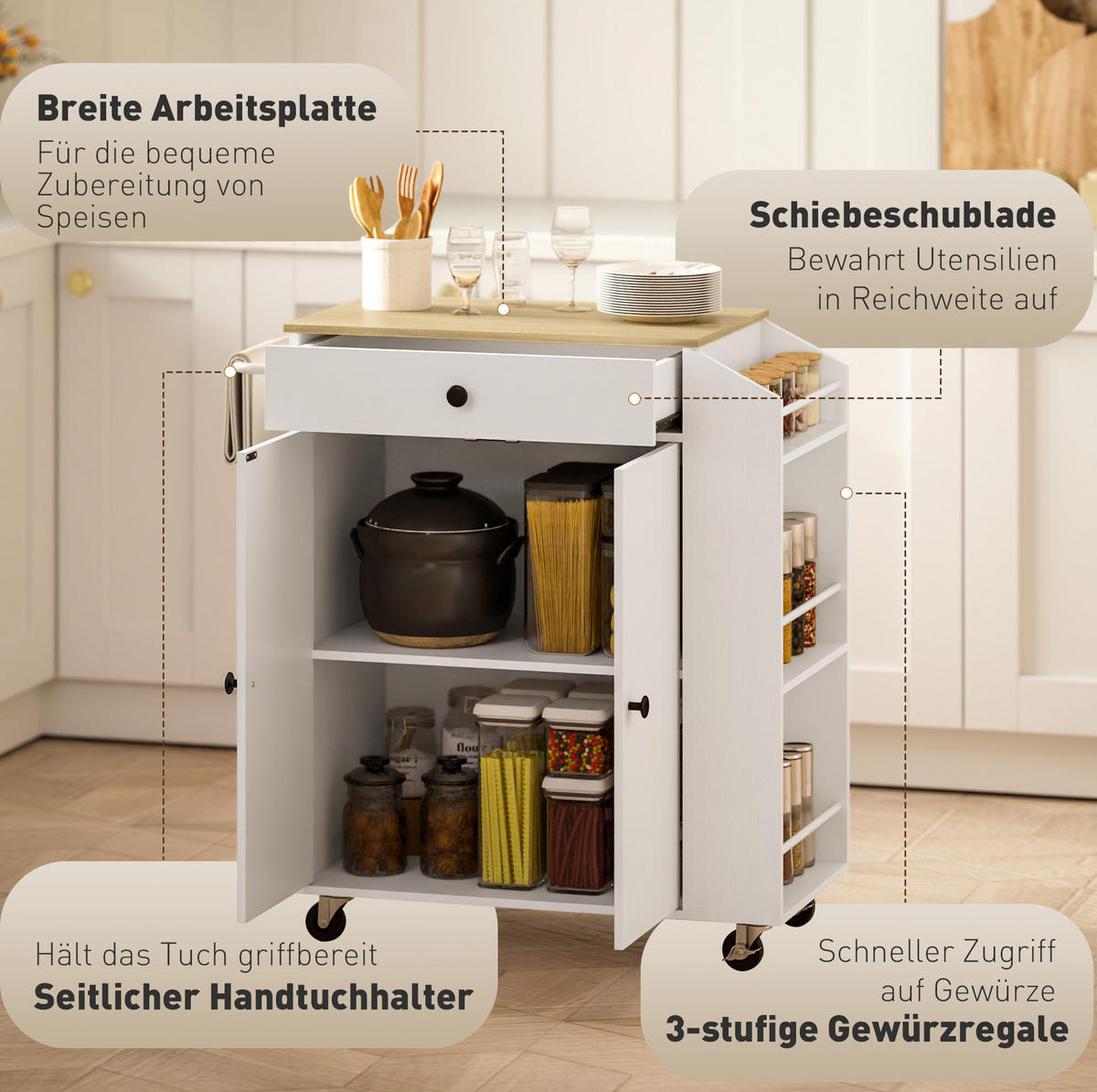 KÜCHENINSEL Weiß aus Spanplatte mit Rollen - Weiß, Holzwerkstoff (38/86.5/82cm) - OKMYHOME