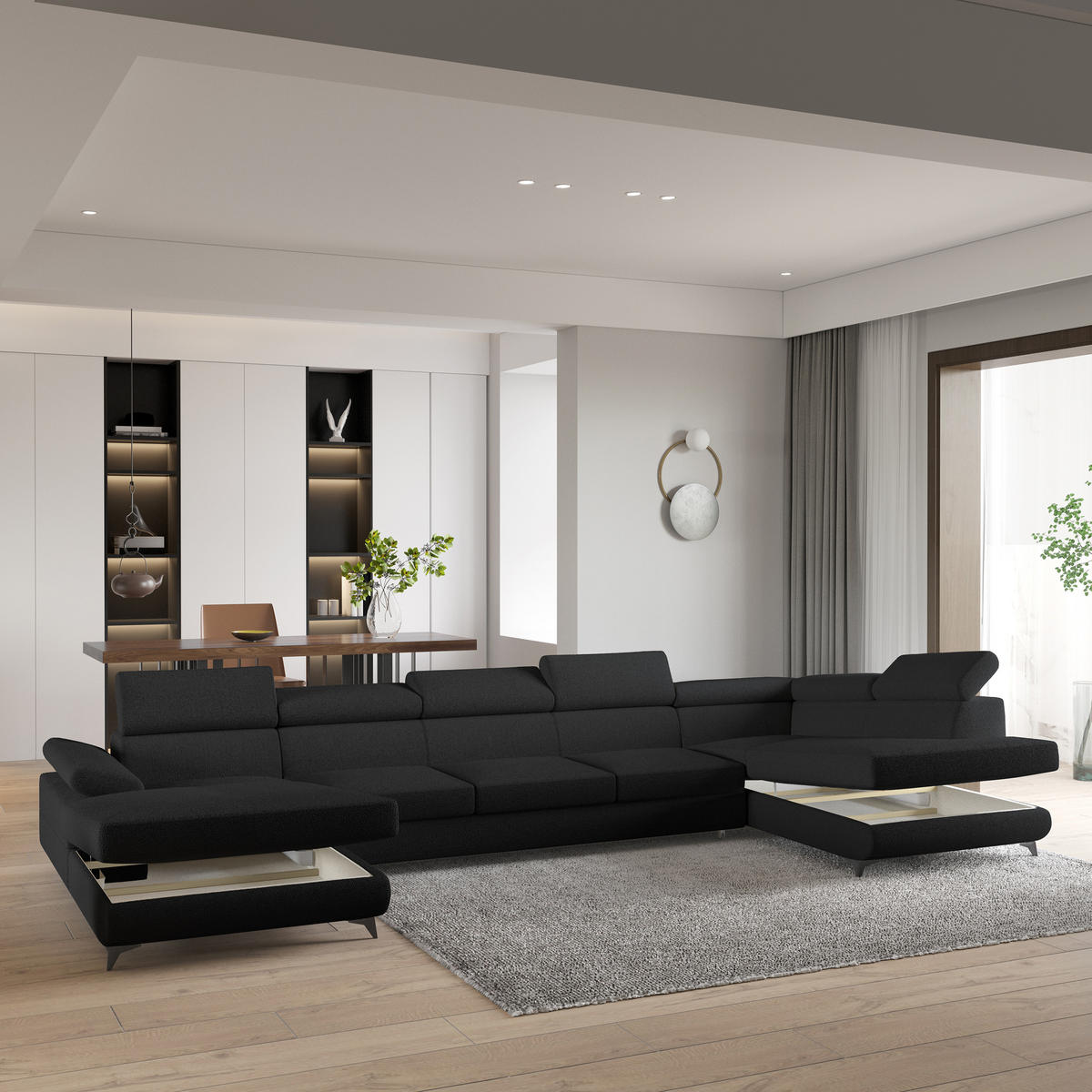 WOHNLANDSCHAFT MONTIVA Schwarz Boucle-Stoff mit Schlaffunktion - Schwarz, Holz (410/89/190cm) - MASSENO