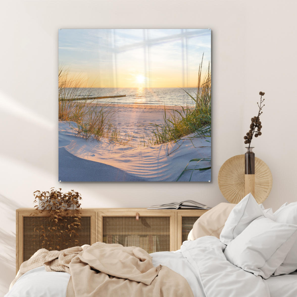 OBRAZ NA AKRYLOVOM SKLE Pláž - Slnko - Duny - Tráva - Piesok - Horizont 90x90 cm - svetlomodrá, sklo (90/90cm) - MuchoWow