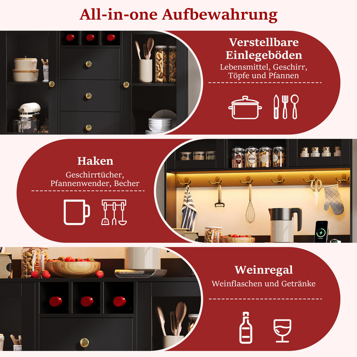 BUFFET DE-38726 120/40/170 cm LED-Beleuchtung und 3 Schubladen Schwarz/Gold - Schwarz, Holzwerkstoff (120/170/40cm) - ComfortXL