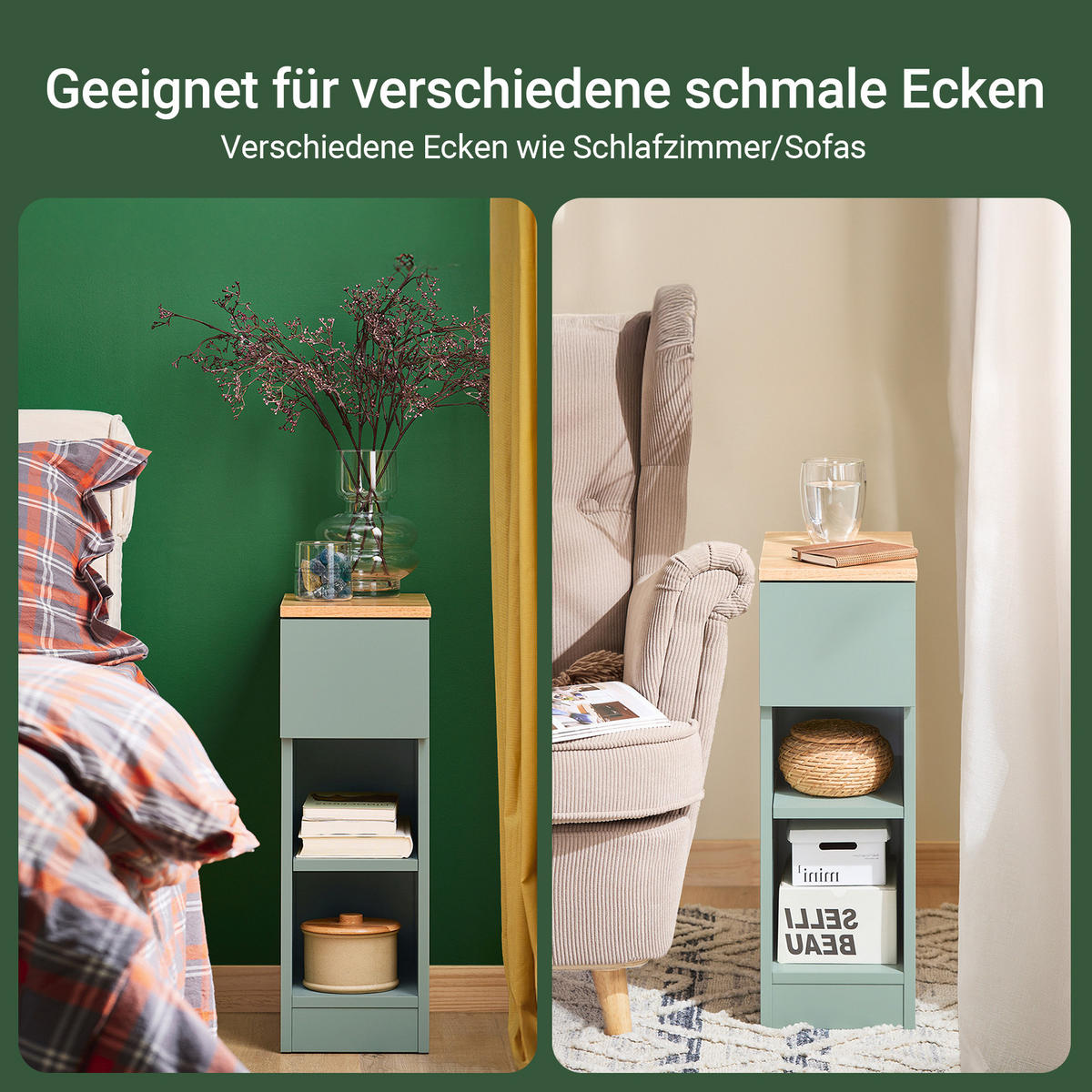 NACHTTISCH mit Schublade, schmal Grün 20x61x35cm - Grün, Holzwerkstoff (20/61/35cm) - SoBuy