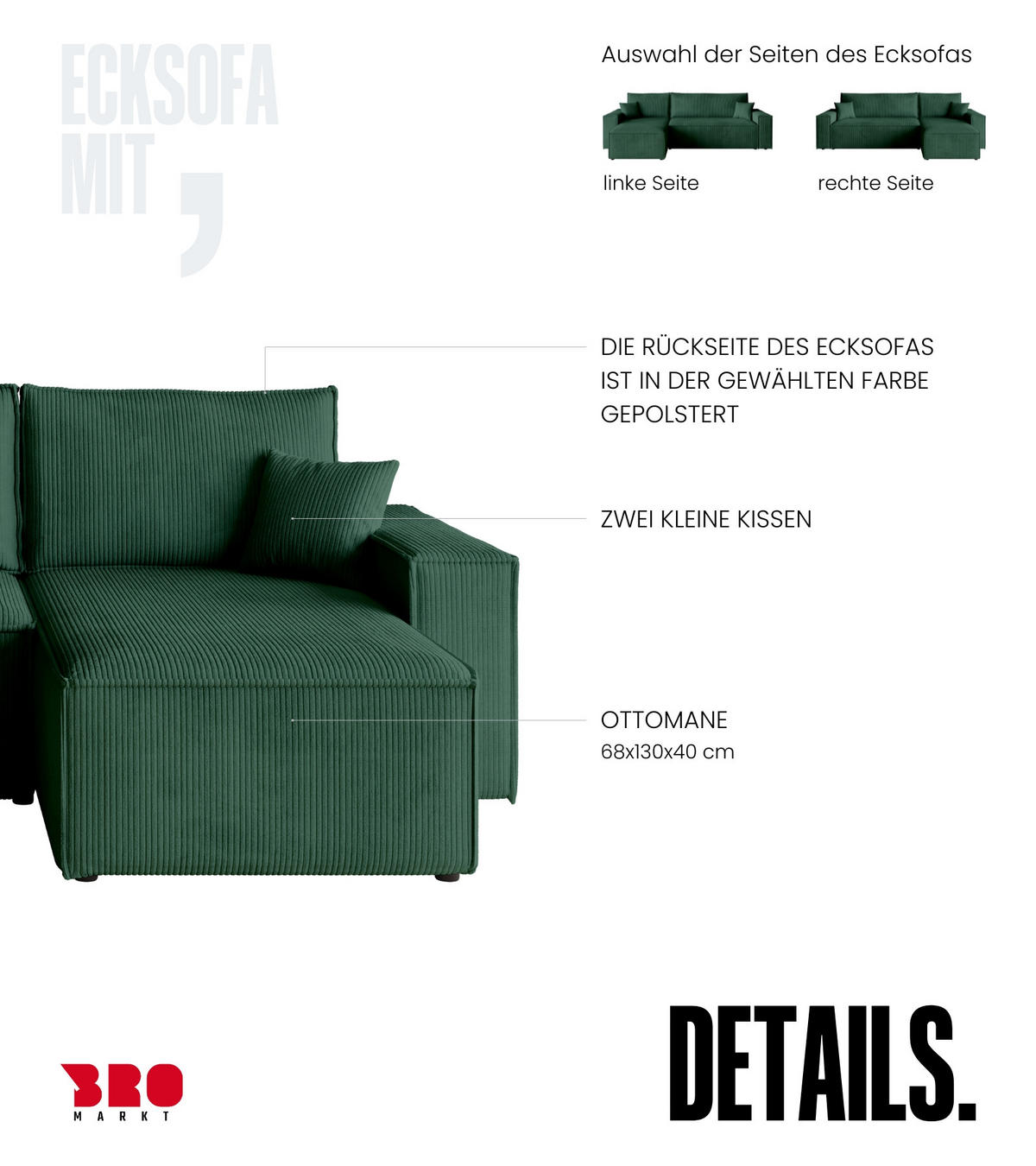 ECKSOFA ADI mit Schlaffunktion Dunkelgrün Cord - Dunkelgrün, Textil (244/143cm) - Bromarkt