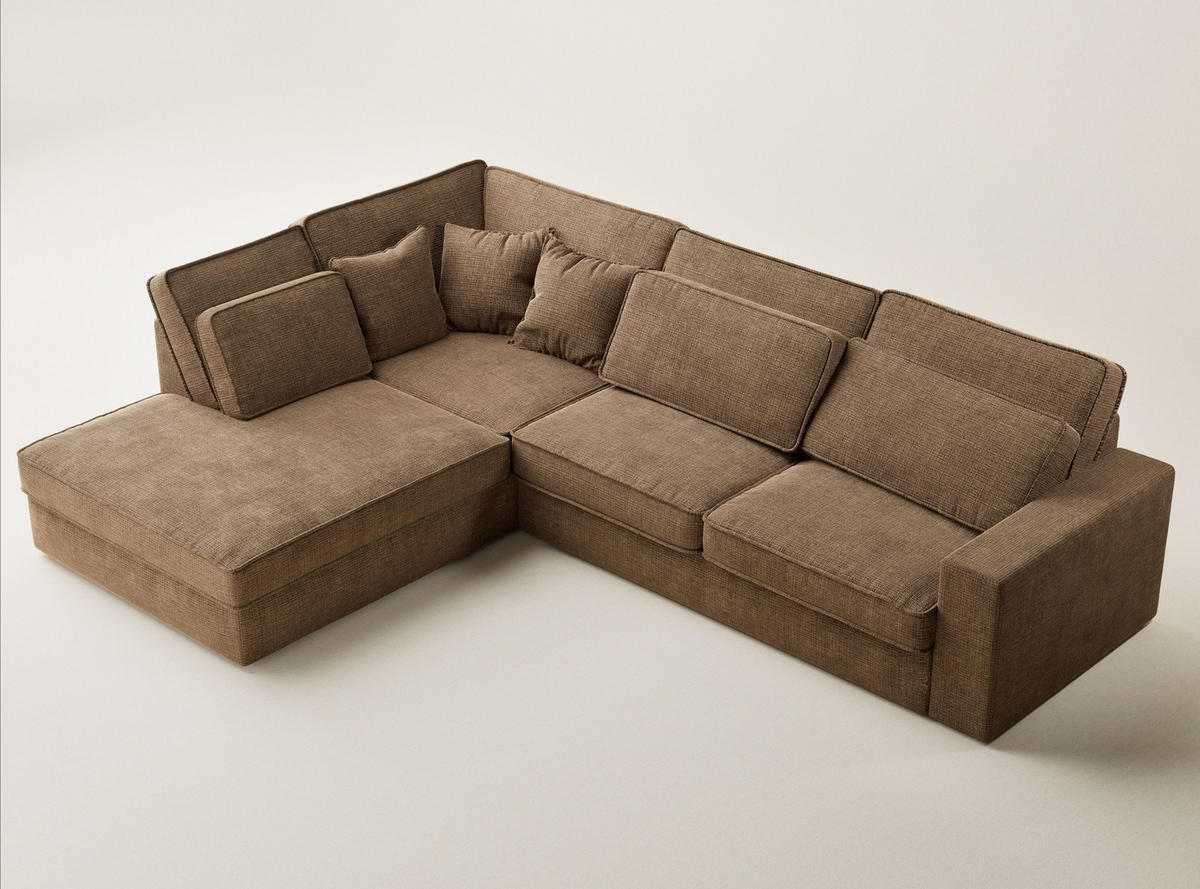 ECKSOFA Kirou Hellbraun Chenille-Stoff - Links Seite - Hellbraun/Schwarz, Holz/Holzwerkstoff (225/311cm) - Maison de Reve