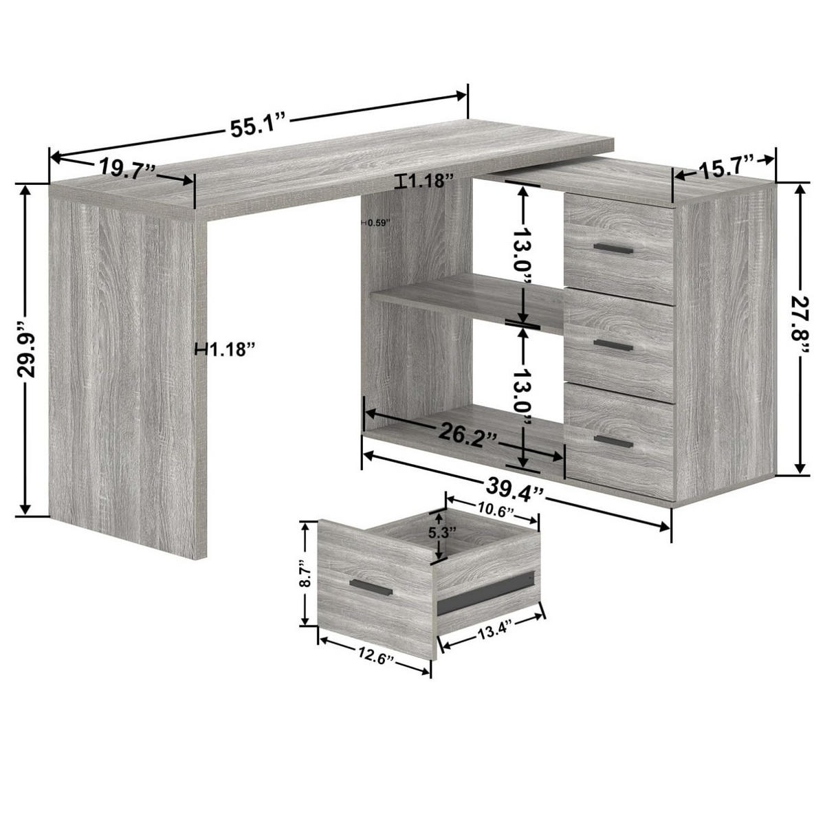 SCHREIBTISCH mit Schubladen flexibel 140 x 50 x 76 cm - Hellgrau, Holzwerkstoff/Metall (50/140/76cm) - Quality Elegance