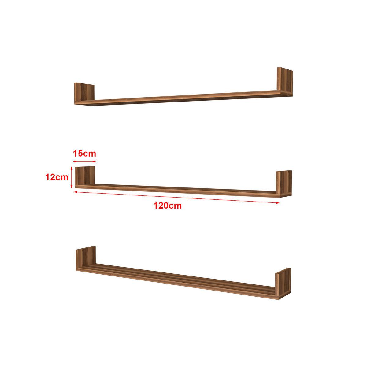 WANDREGAL-SET 3 TLG. Höganäs - Walnussfarben, Holzwerkstoff (120/12/15cm) - [en.casa]