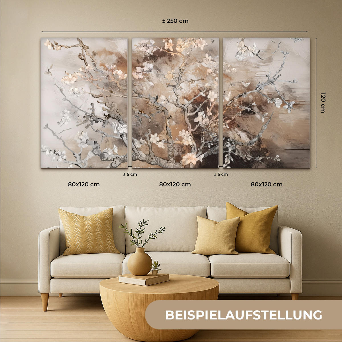 LEINWANDBILD 3er Set Mandelblüte - Abstrakt - Beige 240x120 cm - Beige, Textil (240/120cm) - MuchoWow
