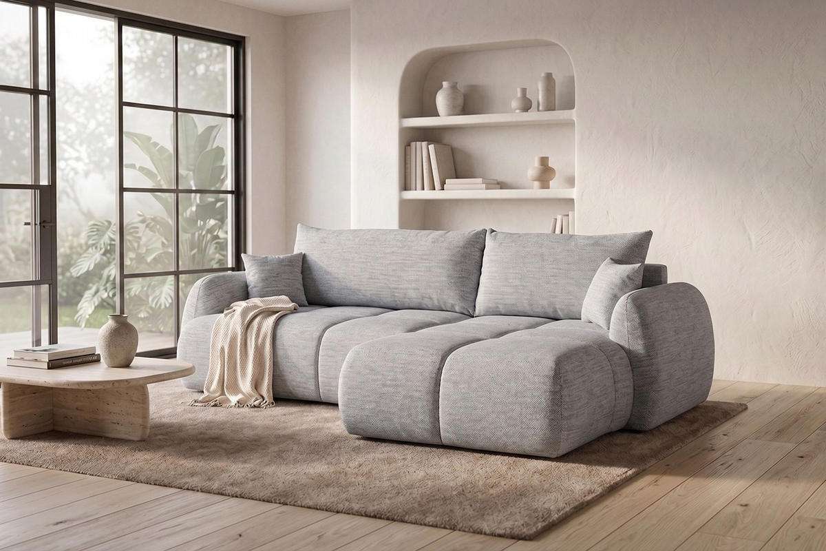 ROHOVÁ SEDAČKA s rozkládací funkcí a úložným prostorem, strukturovaná látka Verita, Šedá, Pravá, COCO - šedá, dřevo (275/180cm) - Kaiser Möbel
