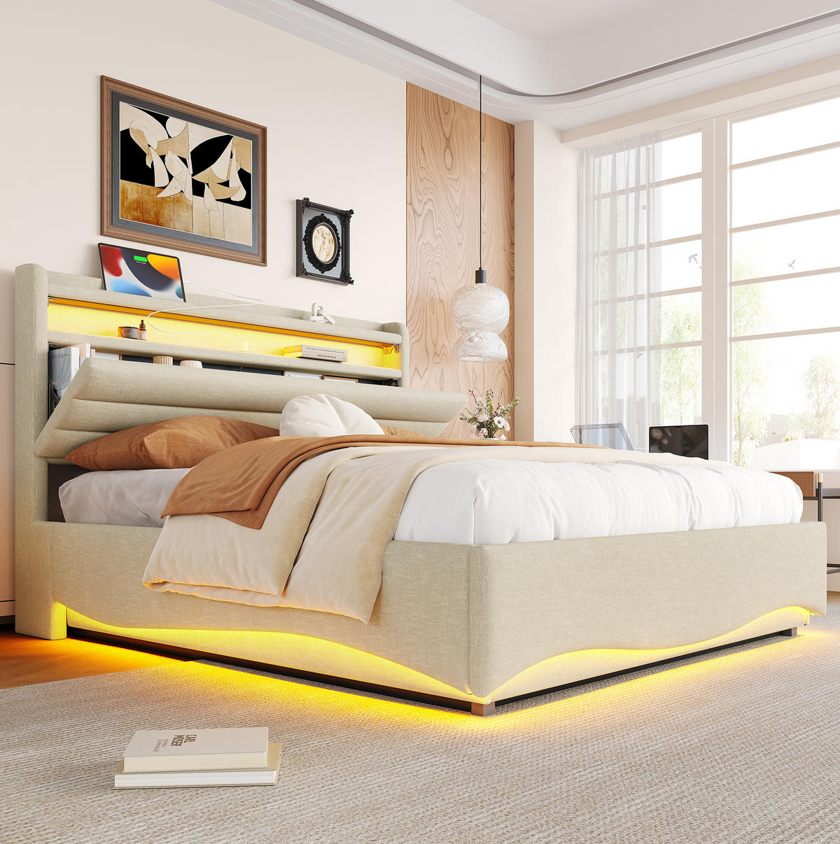 TAPECIRANI krevet 140/200 cm s LED osvjetljenjem, USB i Type-C priključkom te hidrauličnim spremištem, Bež - bež, tekstil (140/200cm) - Redom
