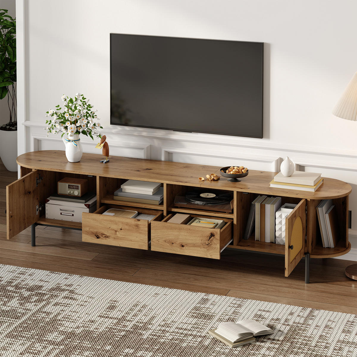 TV-SCHRANK oval Rattan Holzoptik - Naturfarben, Holzwerkstoff (200/49.5/40cm)