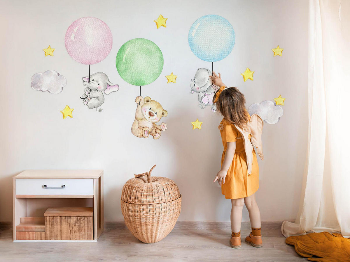 WANDAUFKLEBER 60x84cm - Tiere mit Luftballons - Multicolor, Kunststoff (60/84/0.1cm) - Wallfluent