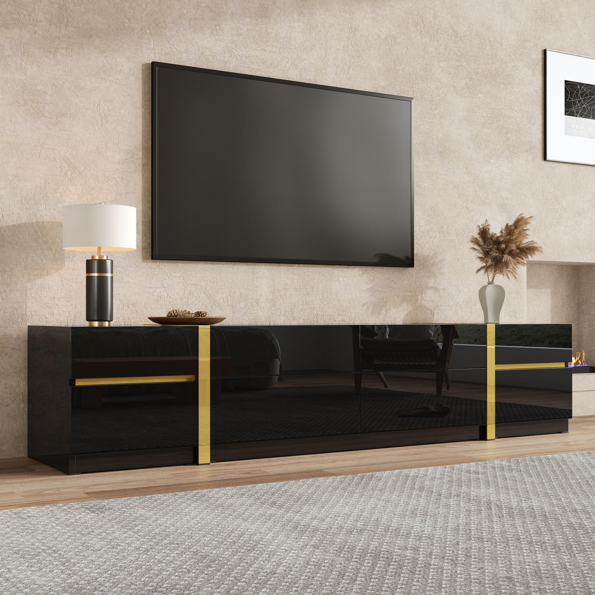 TV-SCHRANK Lowboard Hochglanz Goldkante Türen Schubladen - Schwarz, Holz (180/38/40cm) - LEBENLANG