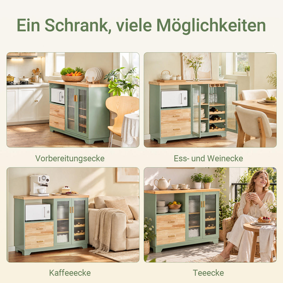 SIDEBOARD Grün, 120 cm breit, Arbeitsplatte aus Gummibaumholz, Glastüren mit Weinglas-Halterung und Flaschenregal, 2 Schubladen - Grün, Glas/Holz (120/90/40cm) - SoBuy