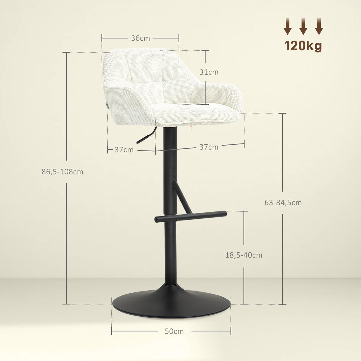 BARHOCKER 2er-Set DE-14749 höhenverstellbar mit Leinenbezug Creme - Creme, Metall (53/108/52.5cm) - ComfortXL