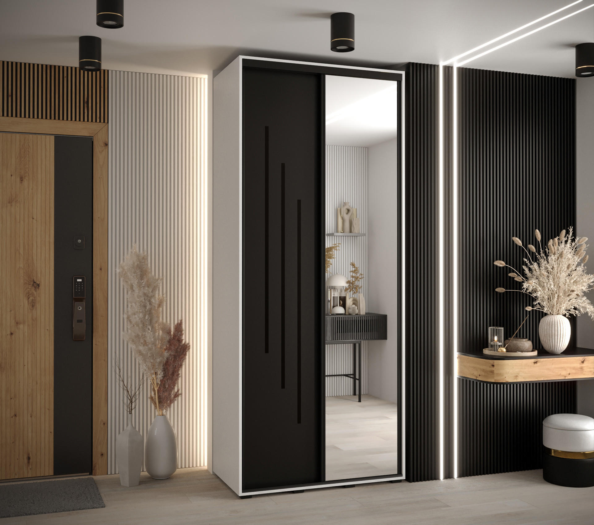 Thumbnail - Abiks Möbel Schwebetürenschrank, Weiß, Schwarz, Schwarz, Metall, Nachbildung, 6 Fächer, 110x235x45 cm, Schlafzimmer, Kle...