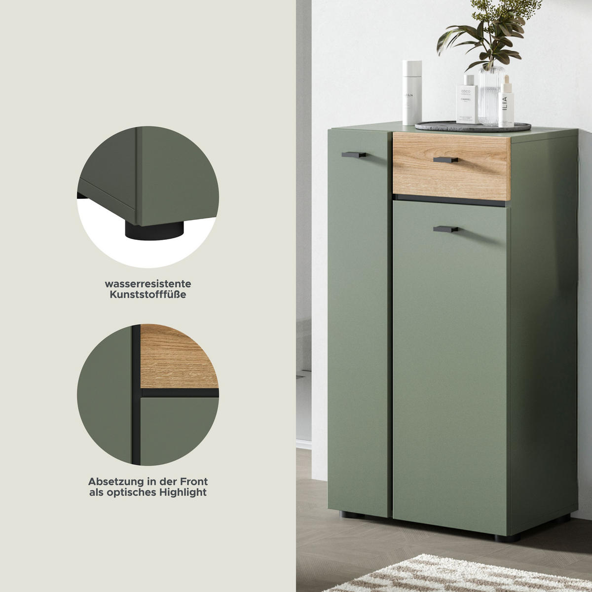 STANDSCHRANK AQUA (B/H/T: ca. 51/91/30 cm) in Sage Green/Sage Green - Grün, Holzwerkstoff (51/91/30cm)