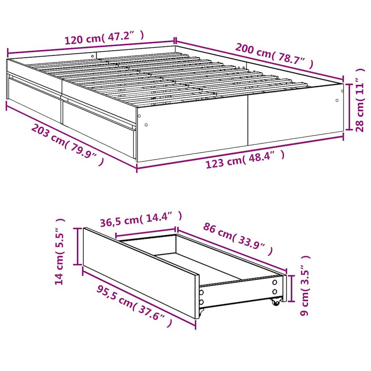 BETTGESTELL Mit Schubladen Weiss 120/200 Cm Holzwerkstoff - Weiß, Holzwerkstoff (120/200cm) - vidaXL