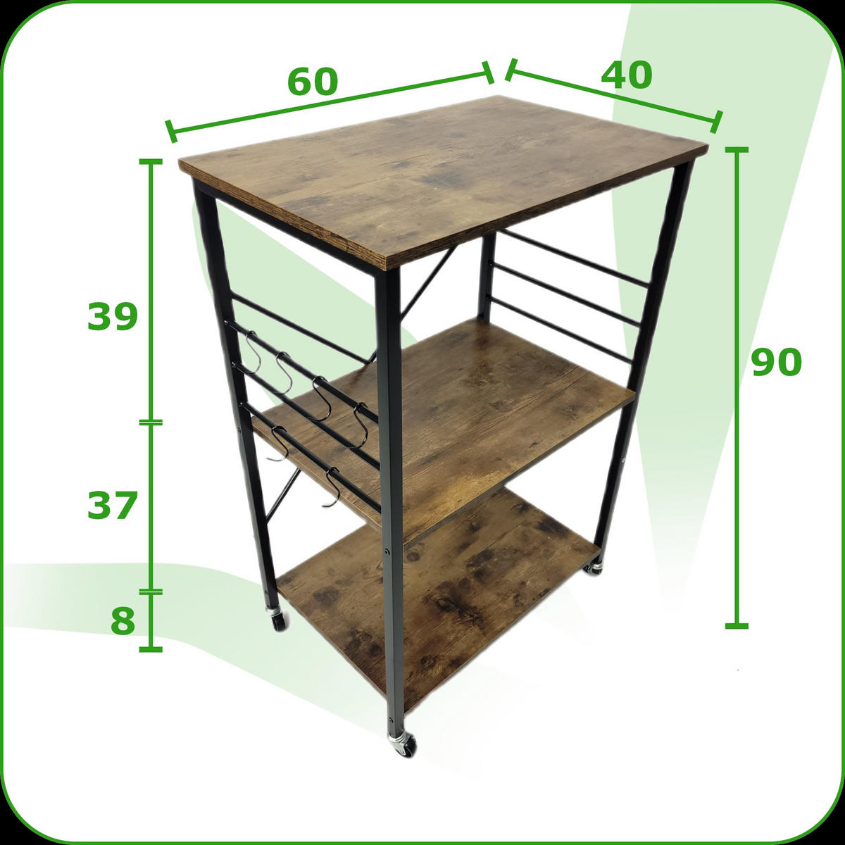 KÜCHENREGAL Holzoptik Metall Dunkelbraun Schwarz mit Rollen 60×40×90 cm - Dunkelbraun/Schwarz, Holzwerkstoff/Metall (40/90/60cm) - Begryf