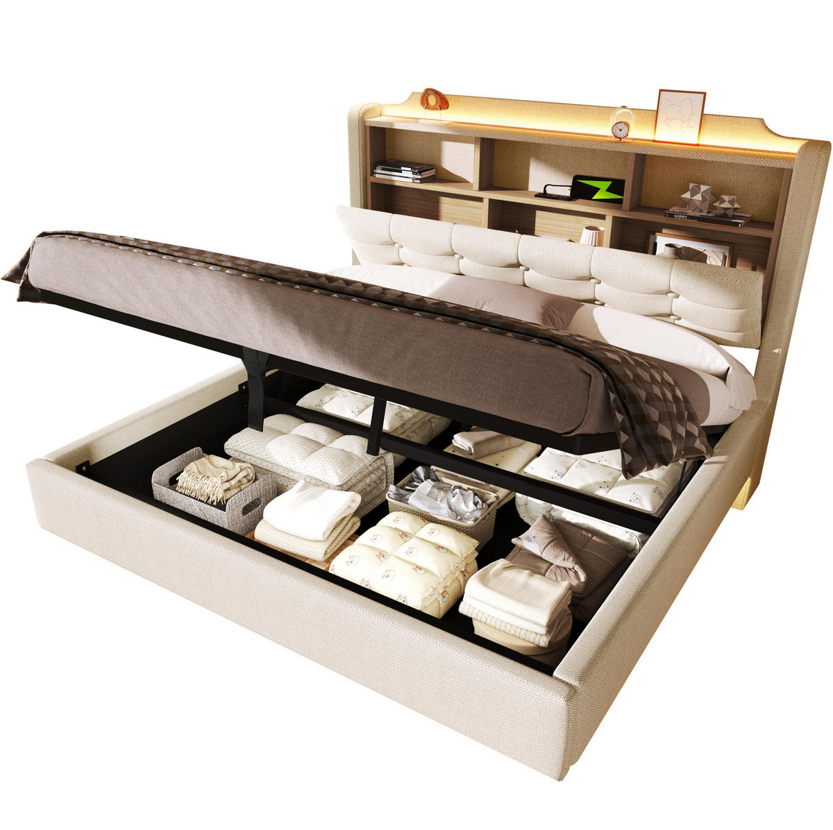 POLSTERBETT 140/200 cm Beige mit LED-Beleuchtung und hydraulischem Stauraum - Beige, Textil (140/200cm) - OKWISH