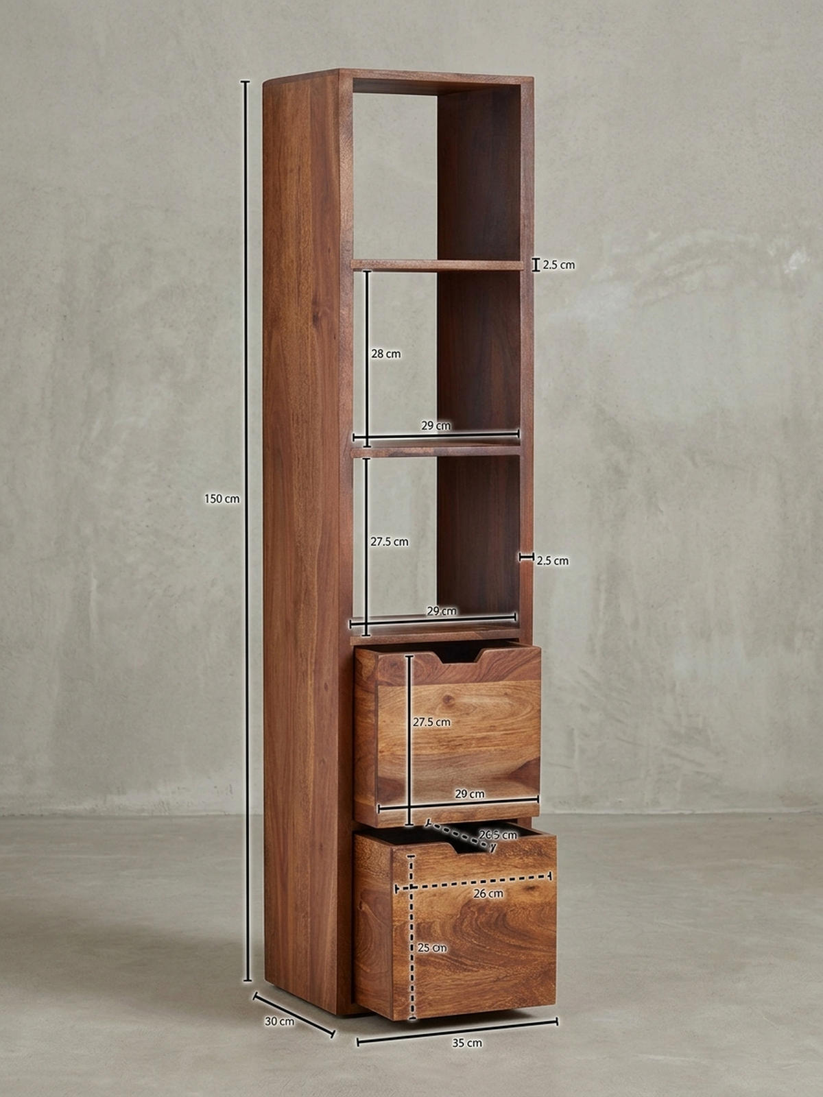 WANDREGAL Massivholz Modern Stil Flexibel mit 5 Ablagen und 2 Schubladen - Braun, Holz (35/150/30cm) - KADIMA DESIGN