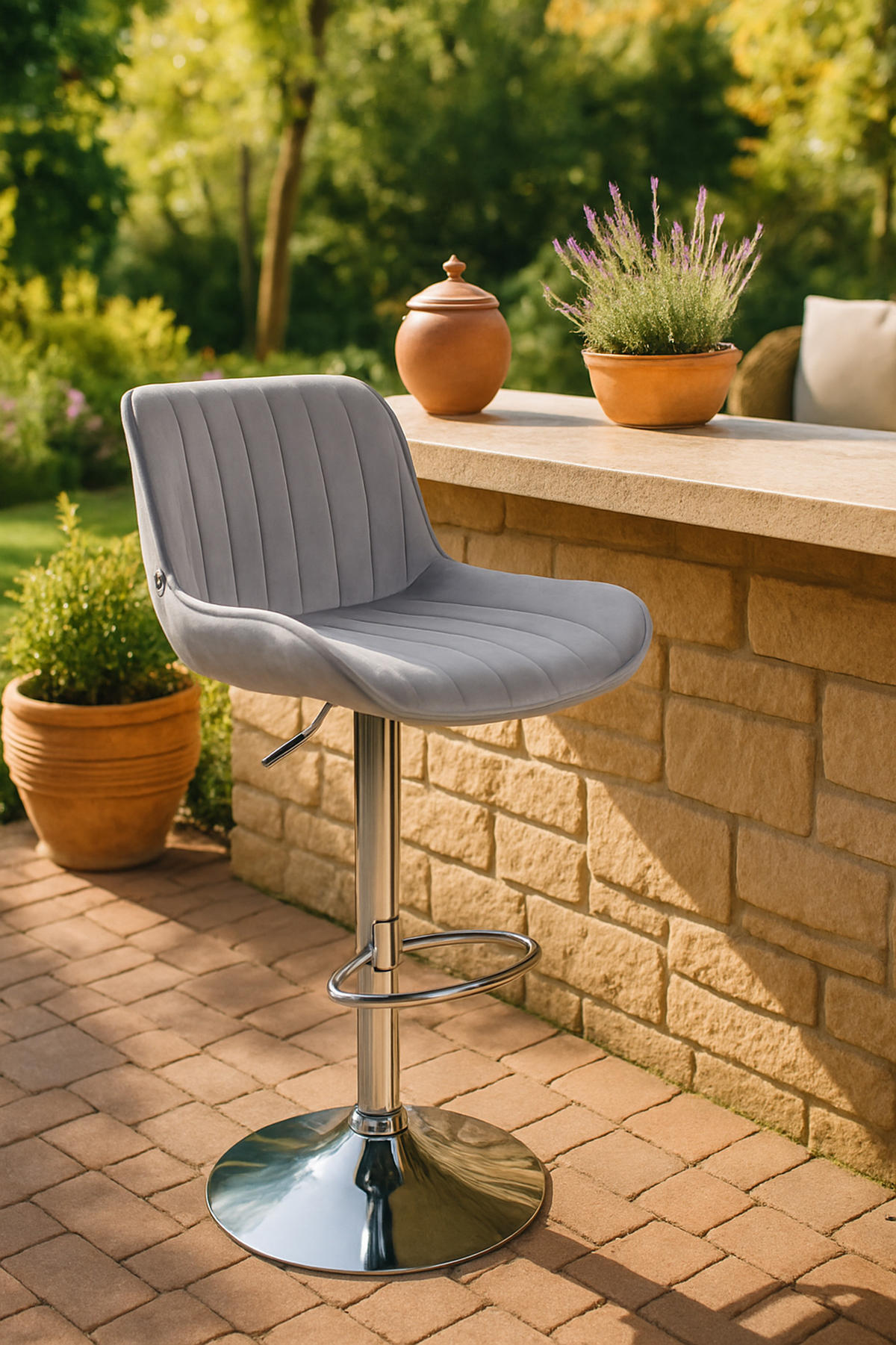 BARHOCKER Lento Gestell Metall in Chromoptik Samt Grau - Chromfarben/Grau, Textil/Metall (50/108/50cm) - TPFLiving